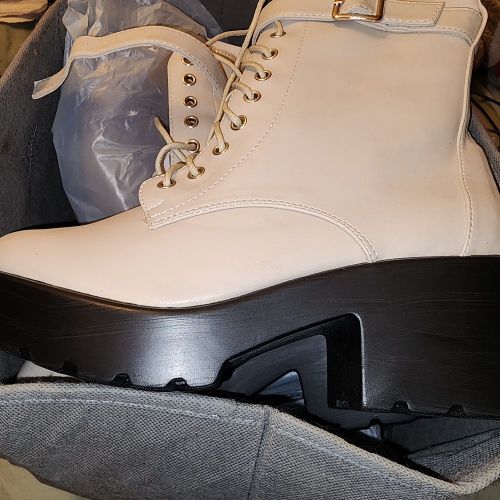 Fashion Nova White and Black Combat Boots with Platform Sole